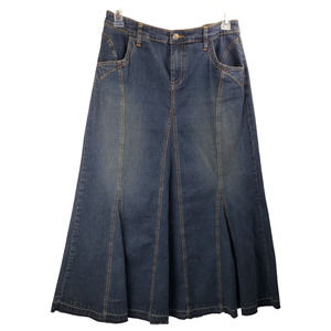 CABI Women's Dark Wash Bohemian Mermaid Flare Raw Hem Maxi Denim Skirt Size 12